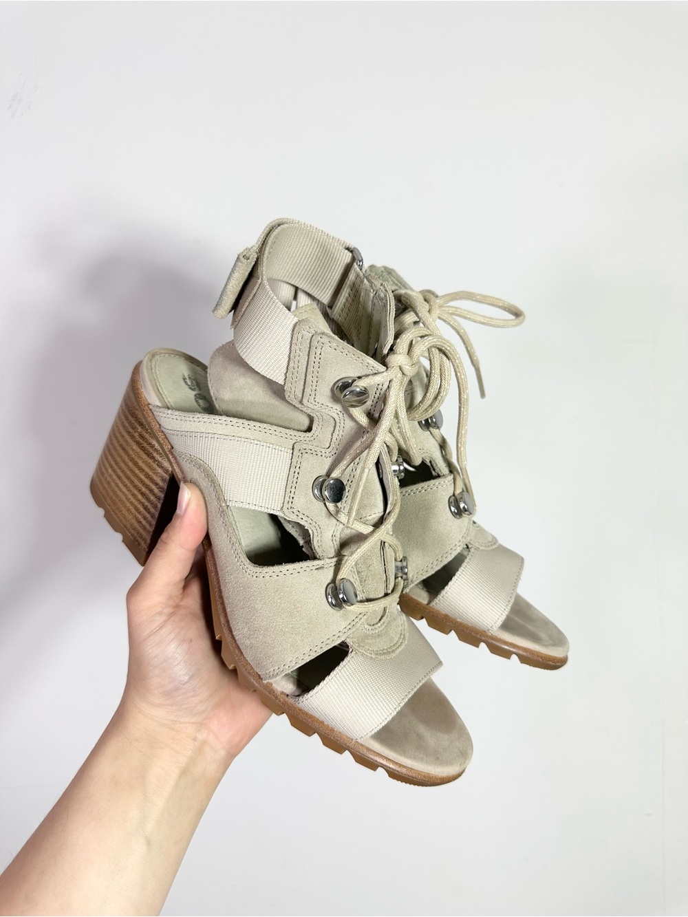 Sorel Nadia Lace Up Chucky Block Heel Taupe Sandals